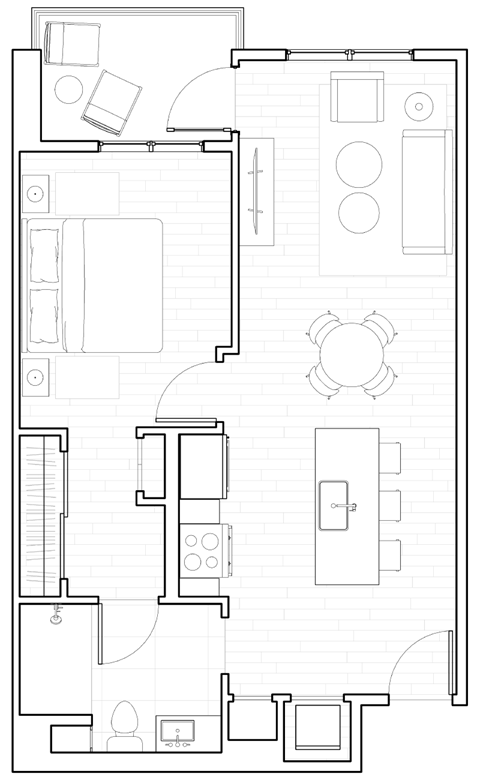 Floor plan for 1 bed, 1 bath, 673 sqft